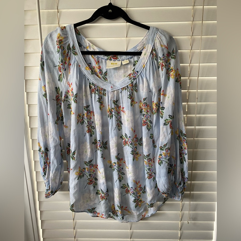 Accepting offers- Anthropologie Light Blue Floral Scoop-Neck Peasant Blouse